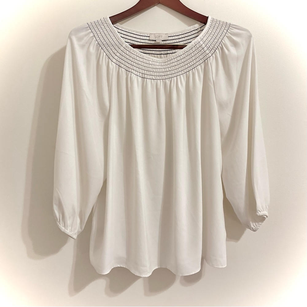 LOFT Women’s Solid White Off-The-Shoulder Loose Fitting, Long Sleeve Blouse